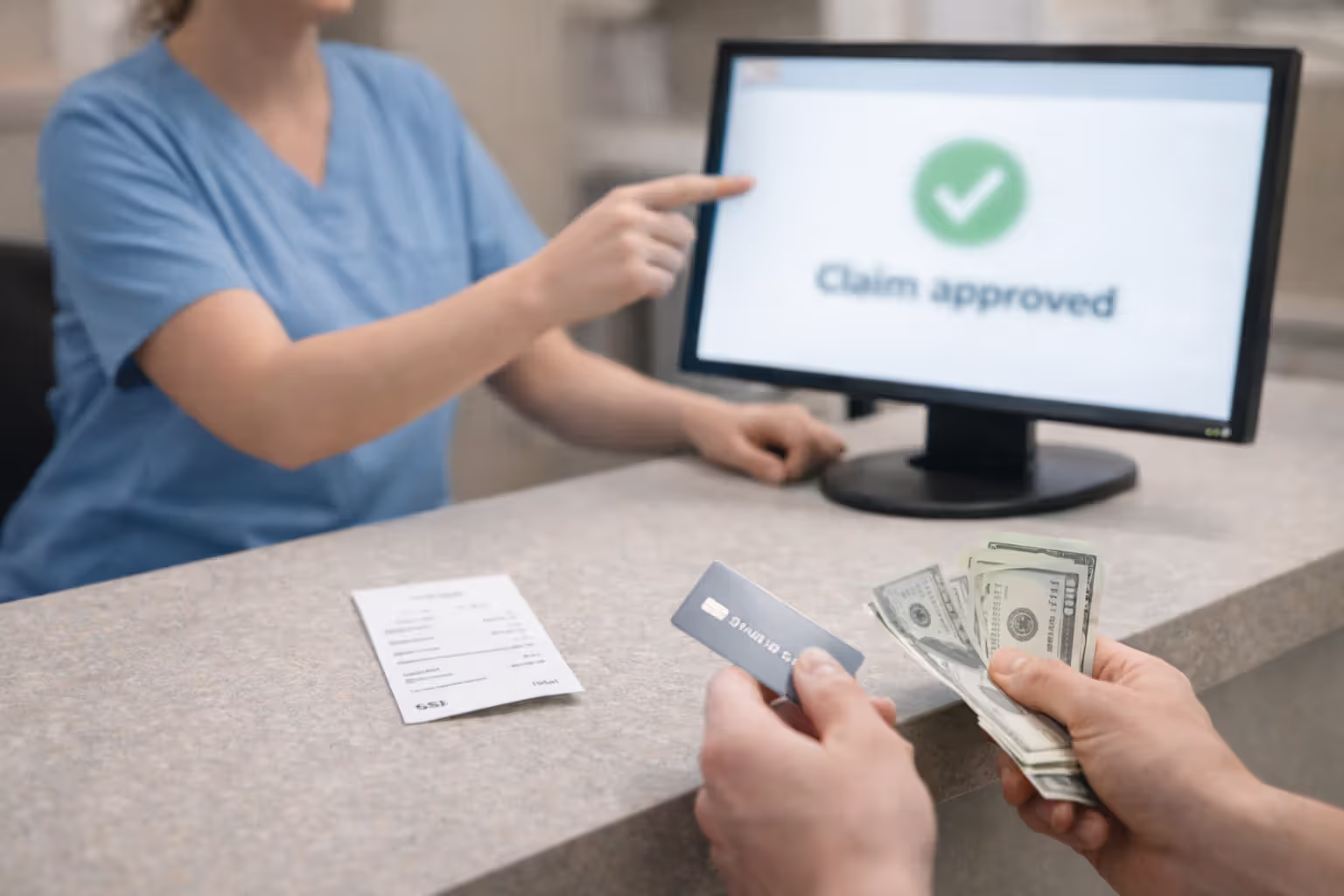 Vet clinic staff showing a blurred approved insurance claim screen during checkout