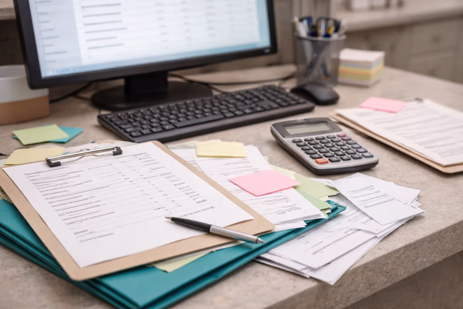 Veterinary admin desk with blurred forms and a computer screen showing an unreadable claims spreadsheet