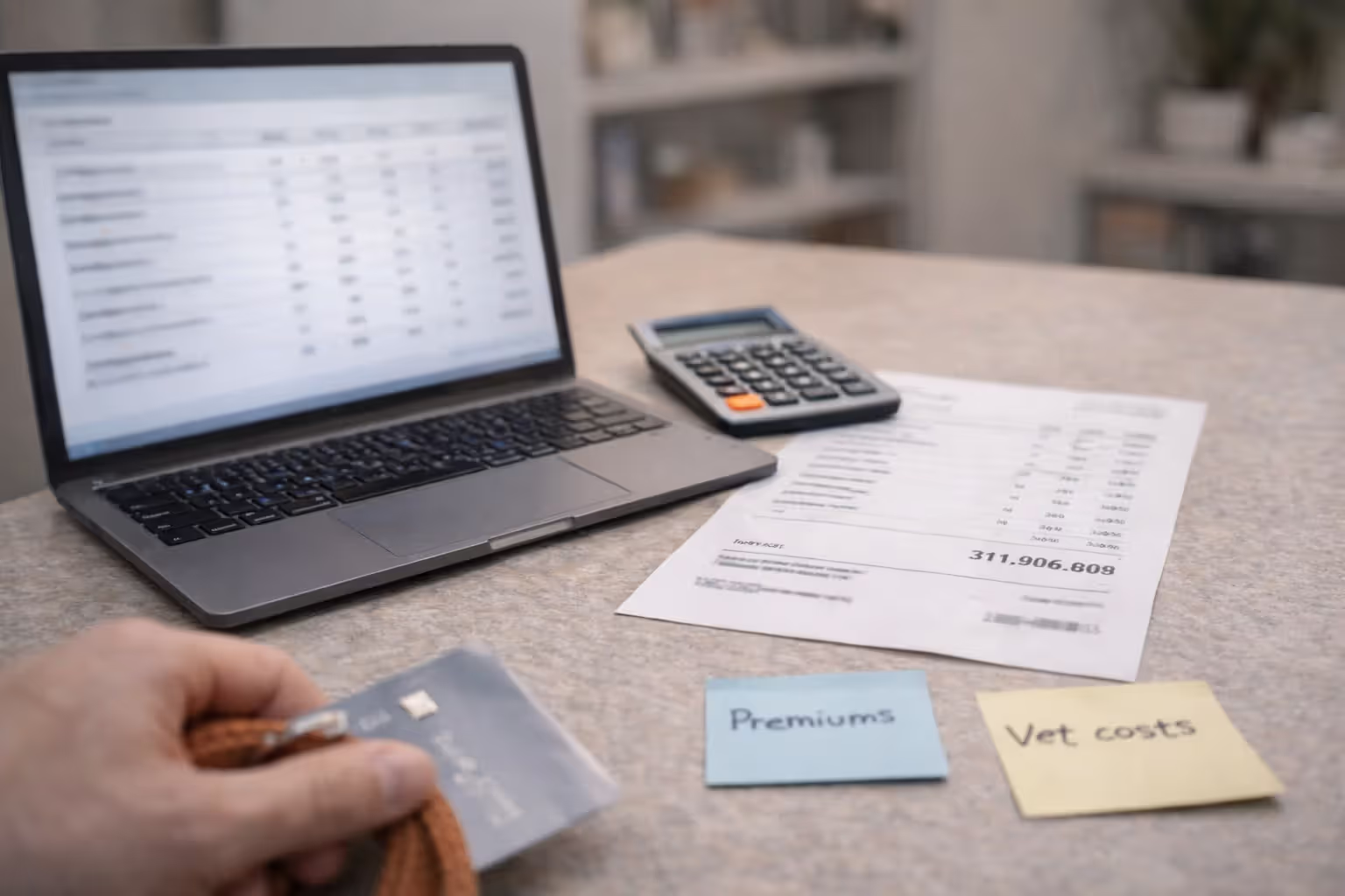 Home desk with a blurred spreadsheet, calculator, and notes comparing insurance premiums and vet costs
