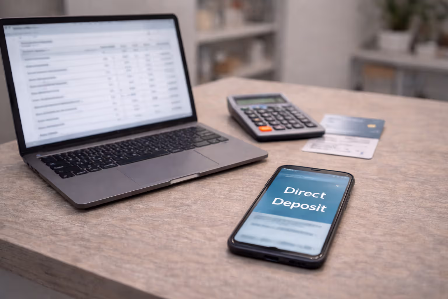 Calculator and blurred reimbursement breakdown on a laptop next to a phone showing direct deposit notification