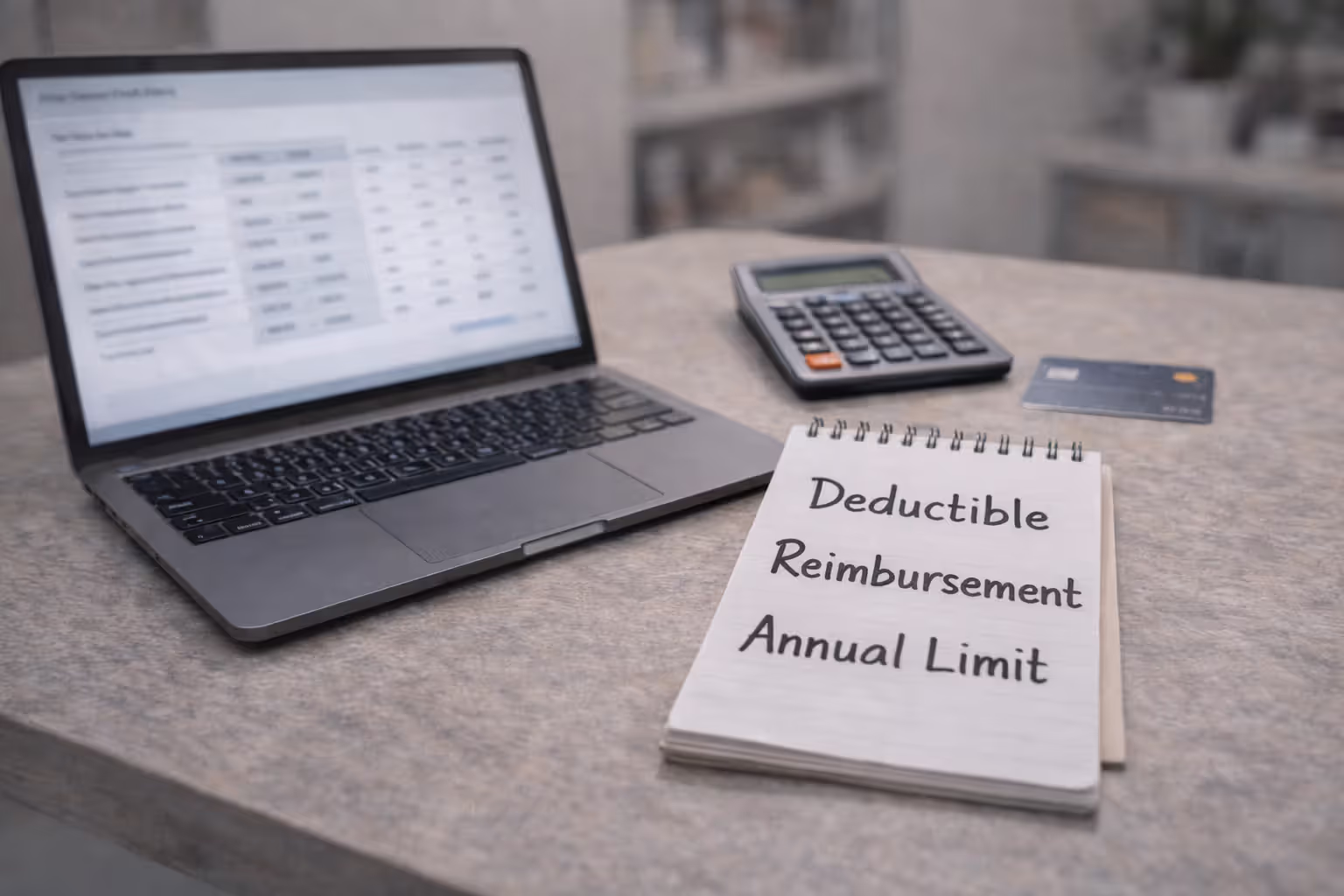 Comparing deductible and reimbursement options on a laptop with a calculator and notes
