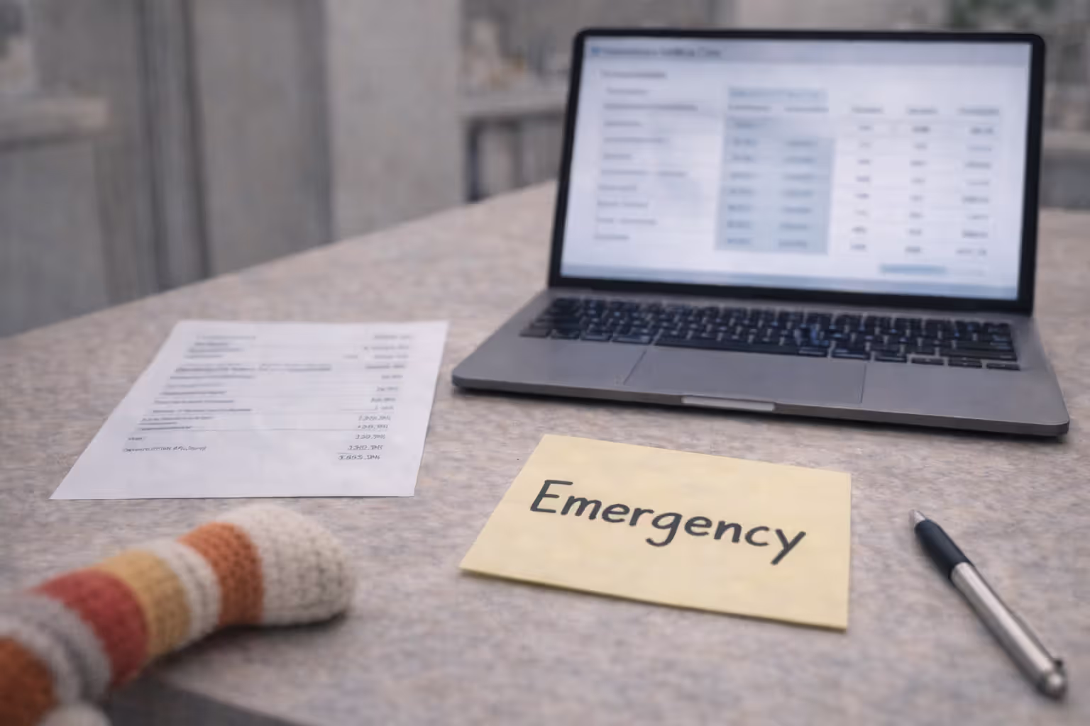 Blurred cost comparison for a pet emergency with a vet invoice and a dog toy on the desk