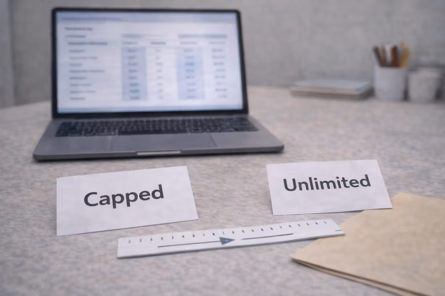Comparing capped versus unlimited pet insurance coverage options on a desk