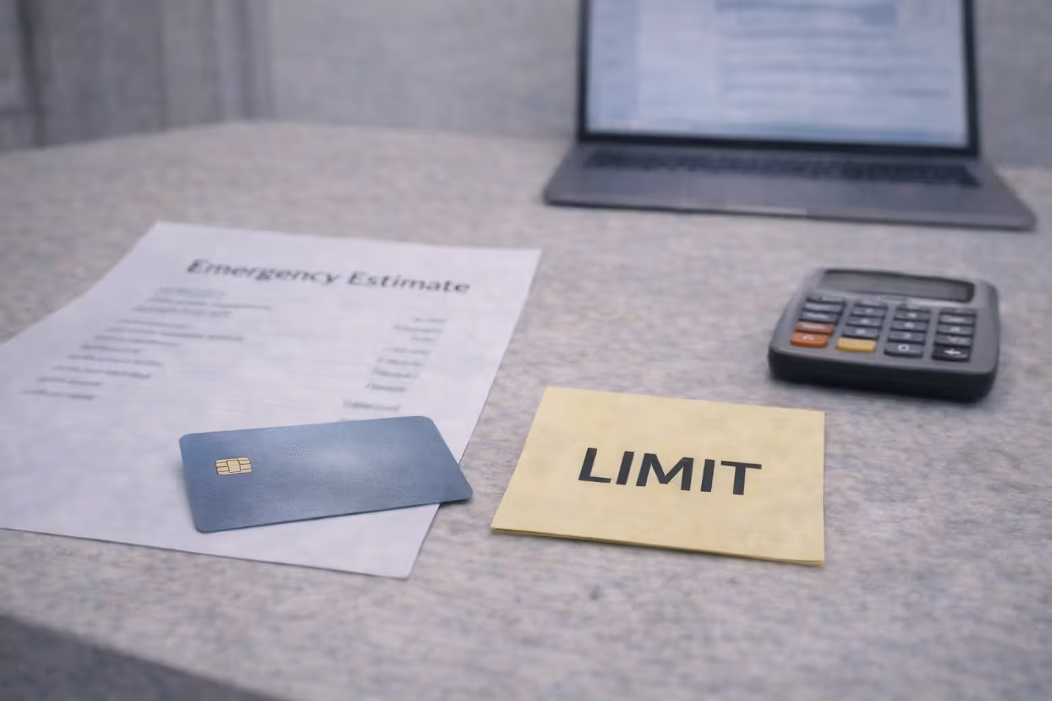 Credit card limit concern beside a blurred emergency vet estimate and a calculator