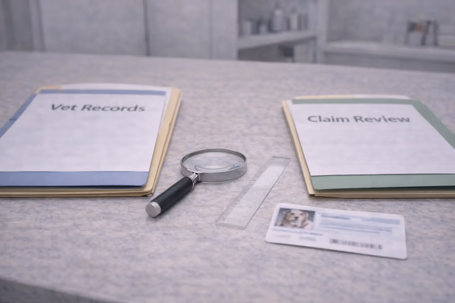 Vet medical records being reviewed alongside a pet insurance claim file