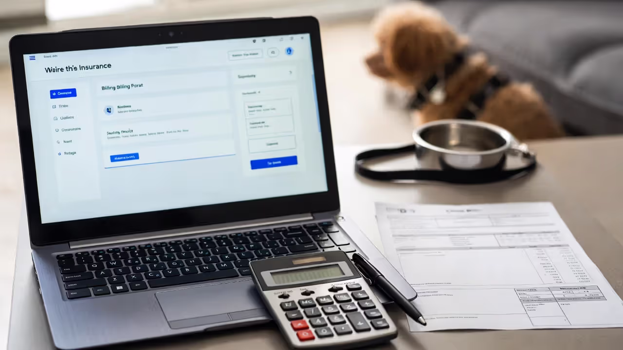 Pet insurance budgeting setup with a blurred invoice, calculator, and laptop on a desk