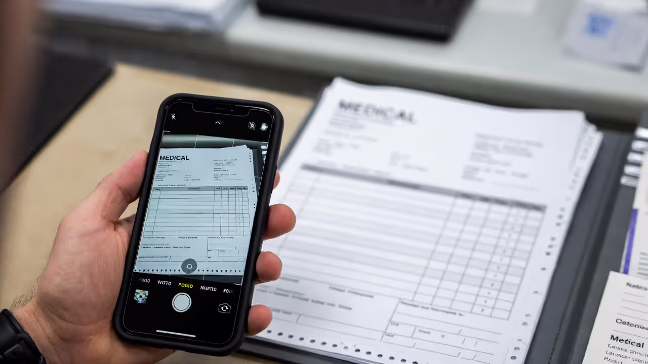 Phone scanning a blurred itemized vet invoice for a pet insurance claim submission
