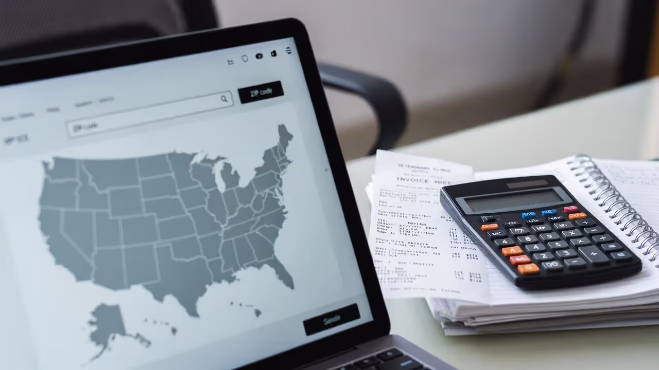 Blurred U.S. map on a device showing location-based pricing next to vet receipts and a calculator