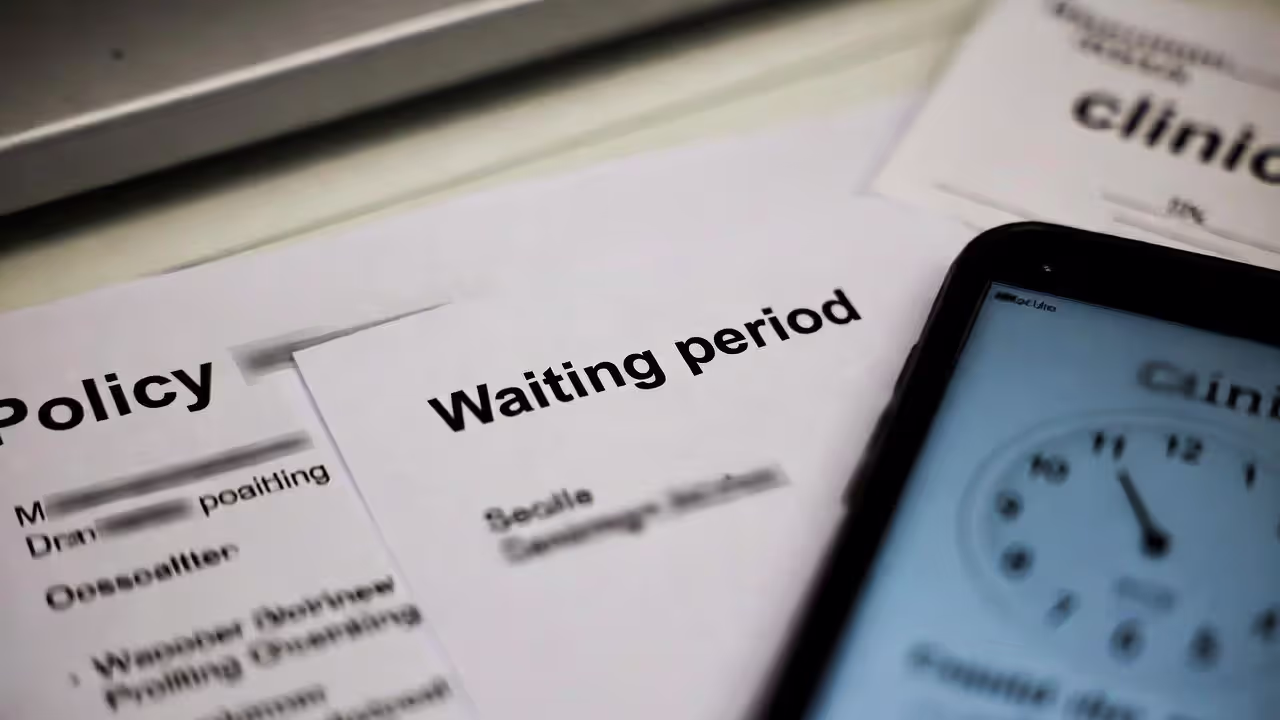 Blurred policy papers and a phone timer illustrating an insurance waiting period