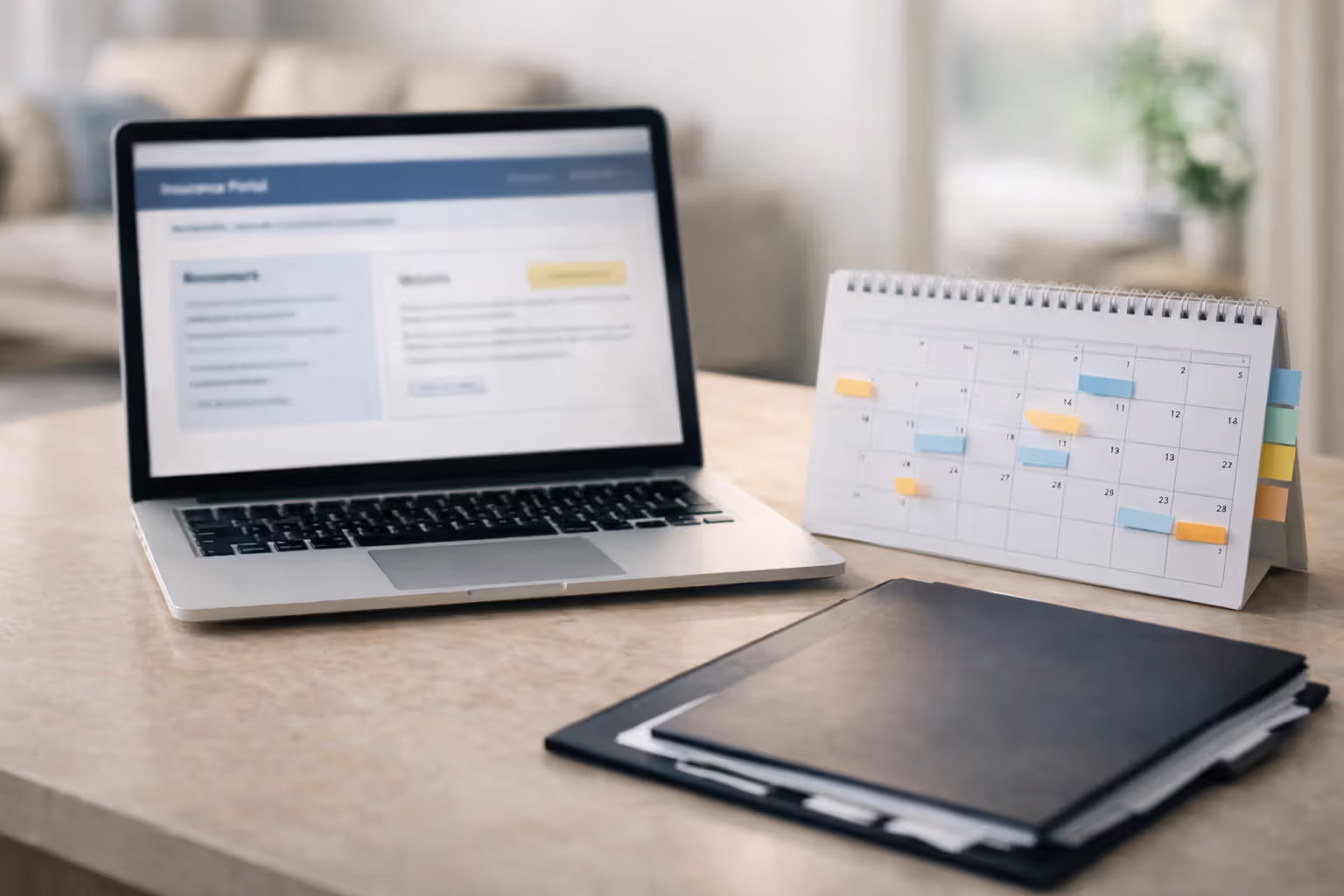 Calendar and insurance documents showing the gap between policy purchase and coverage start