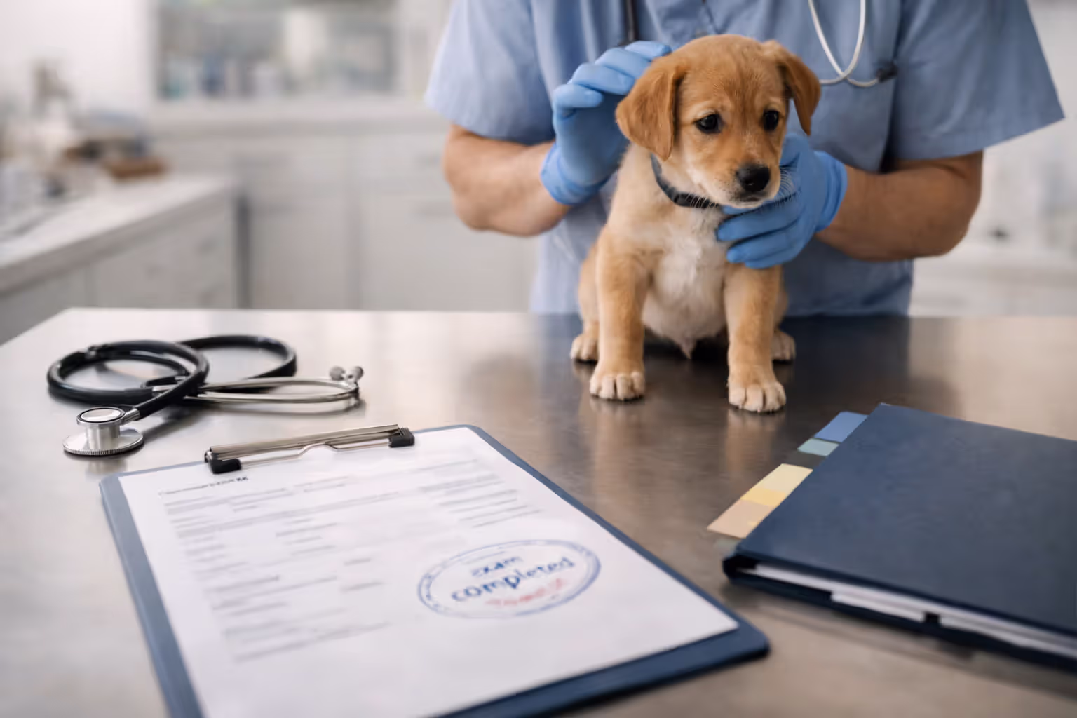 Veterinarian performing a wellness exam with blurred records used for a waiting period waiver