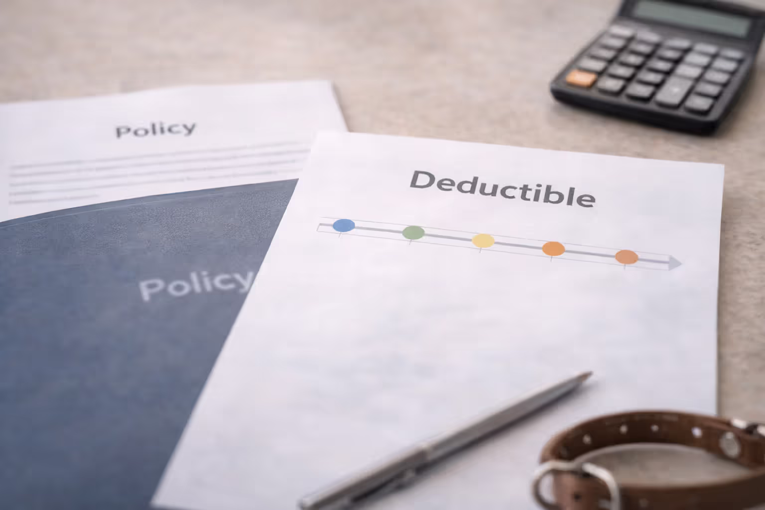 Blurred policy documents and a deductible progress concept on a desk