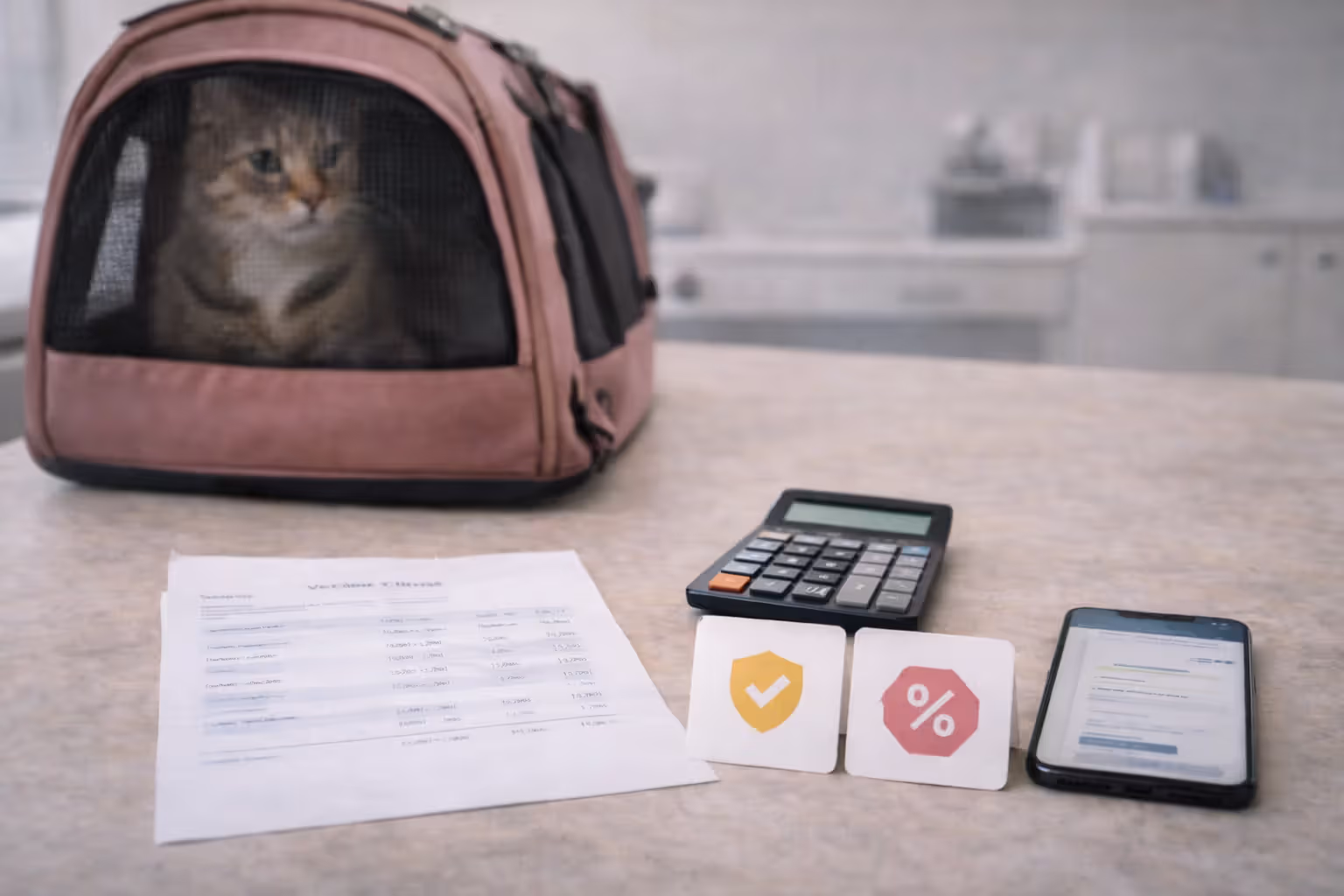 Cat owner reviewing a large vet estimate and insurance claim options at a clinic