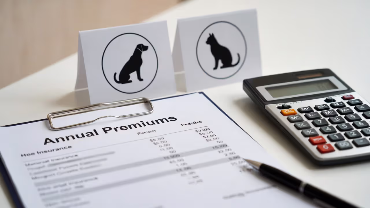 Printed annual premium comparison for dog vs cat insurance with calculator