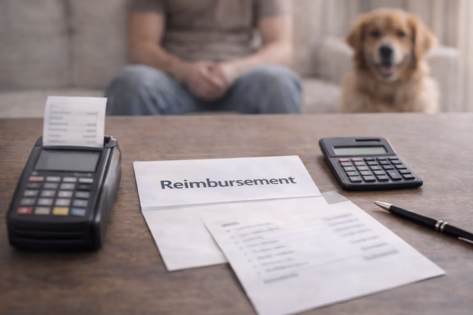 Paying a vet bill upfront and tracking a reimbursement calculation on a desk