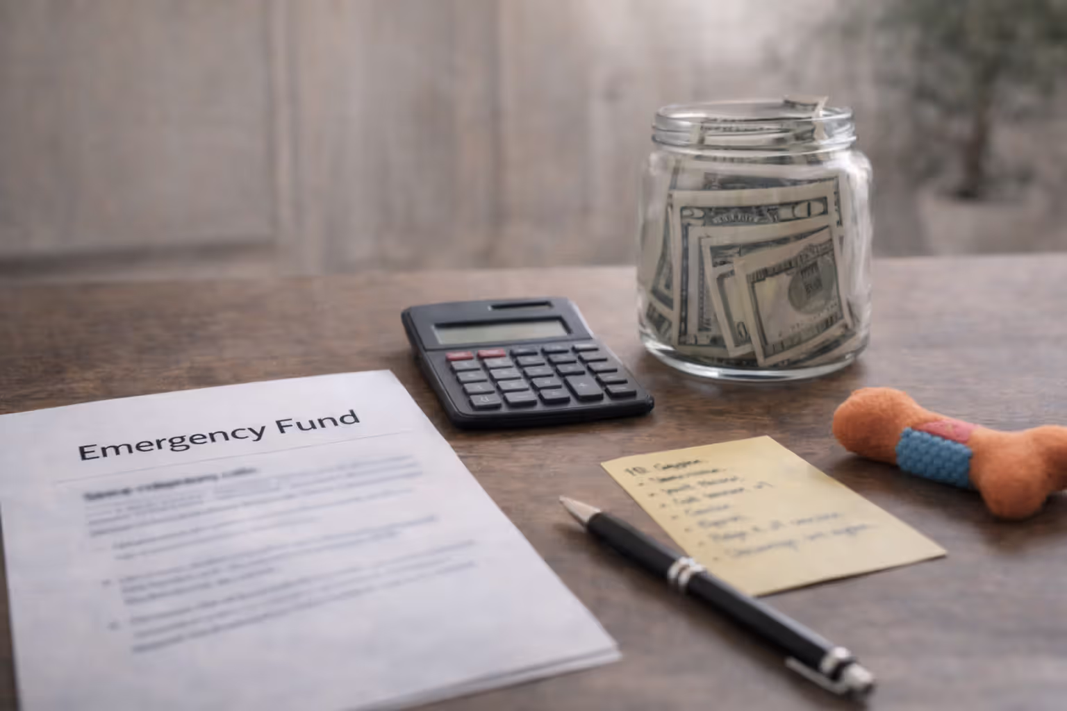 Pet emergency fund planning with cash, calculator, and a blurred budget note on a desk