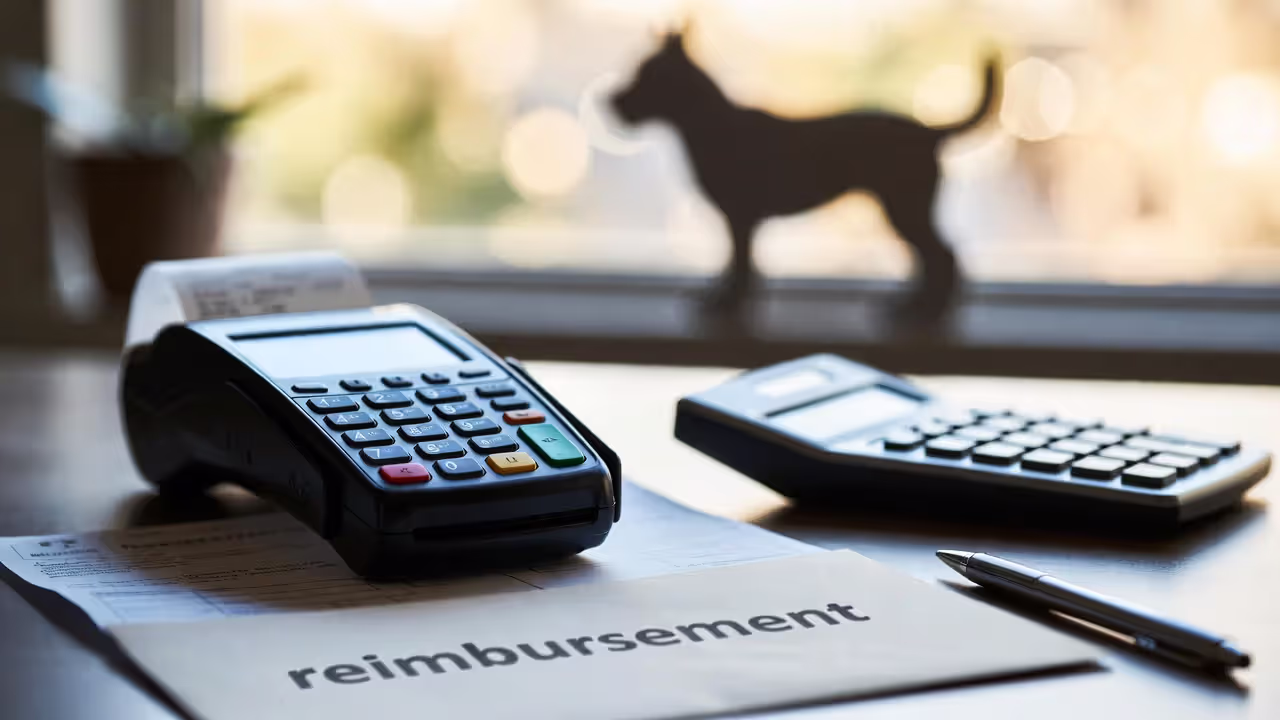 Paying a vet bill upfront and tracking a reimbursement calculation on a desk