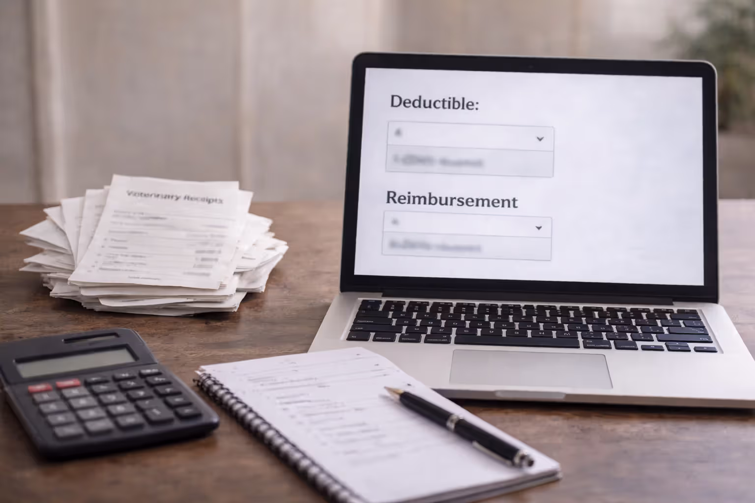 Comparing deductible and reimbursement options on a laptop with vet receipts and a calculator