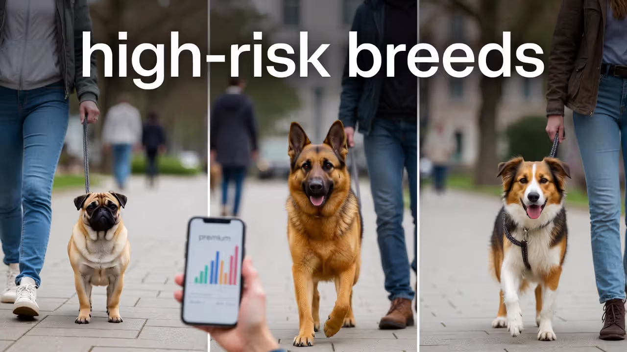 Different dog breeds walking with owners while a blurred premium comparison is shown on a phone