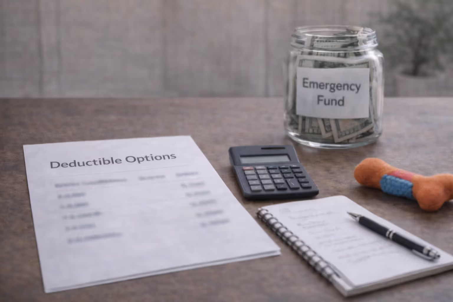 Planning a higher deductible with an emergency fund setup, calculator, and blurred deductible options sheet