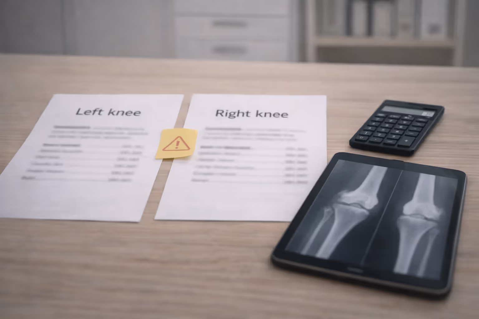 Two blurred claim notes for left and right knee with a warning marker, showing bilateral condition costs