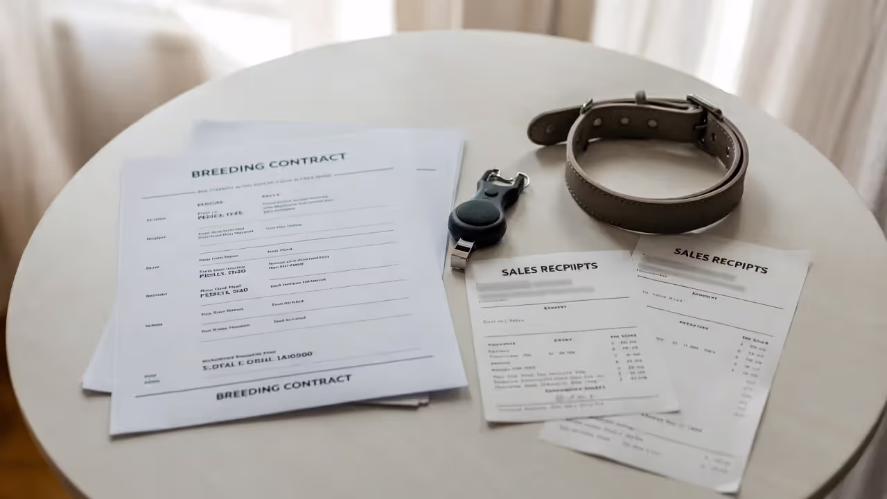 Blurred pedigree and breeding paperwork with receipts laid out next to a dog collar