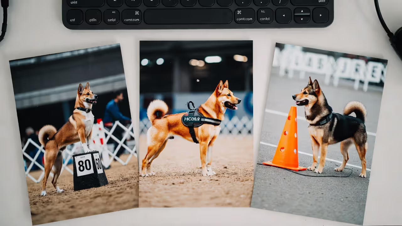 Photo collage showing a show dog, a service dog vest, and a trained working dog in practice