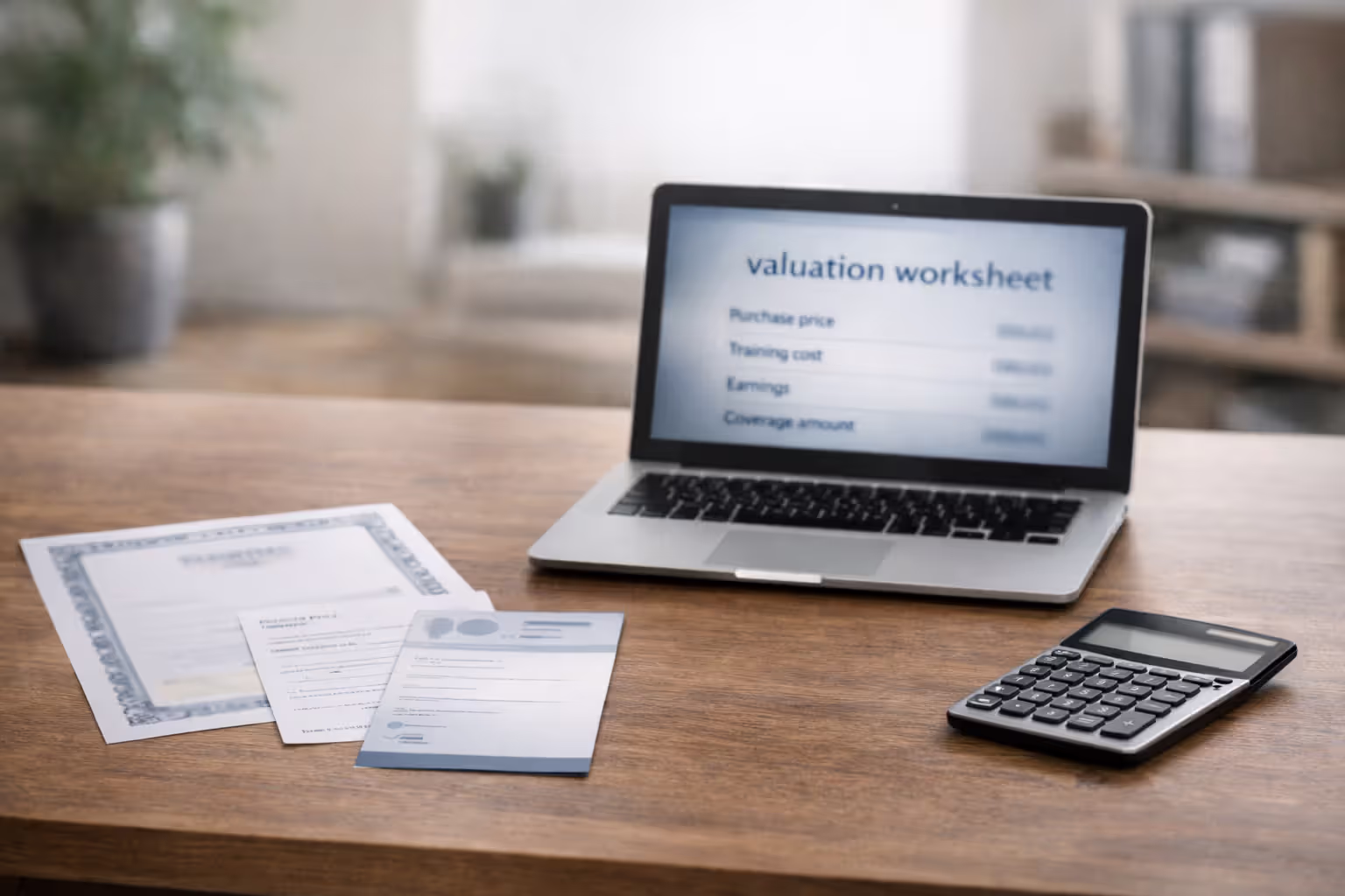 Blurred valuation worksheet on a laptop with a calculator and dog certification documents