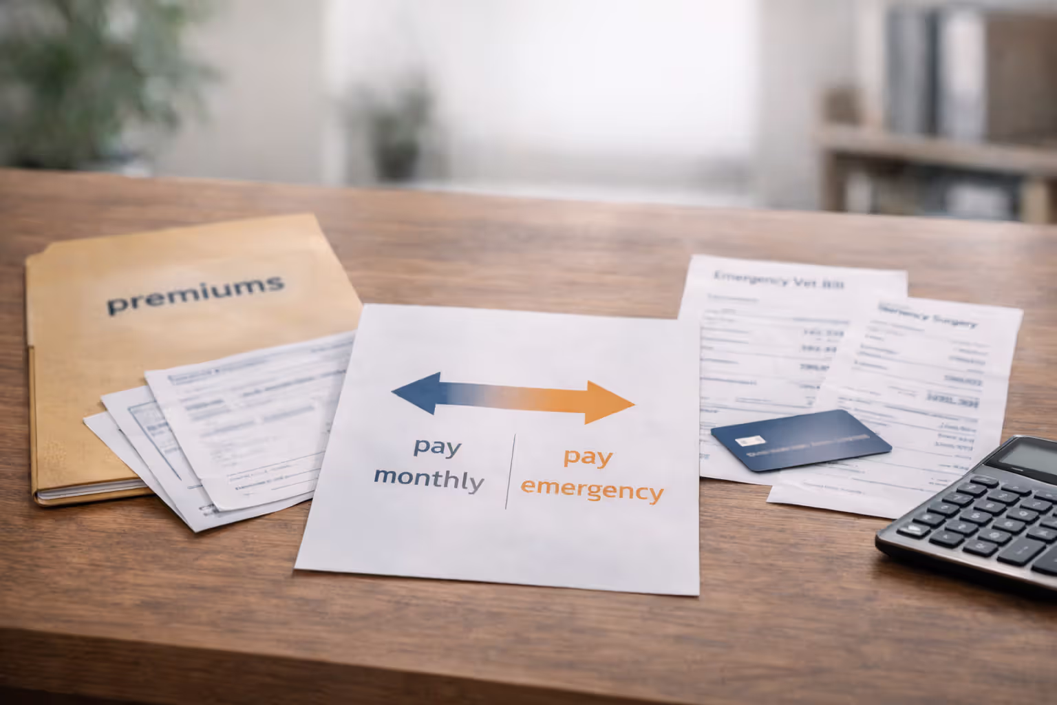 Side-by-side comparison of monthly premiums versus an emergency vet bill with blurred paperwork