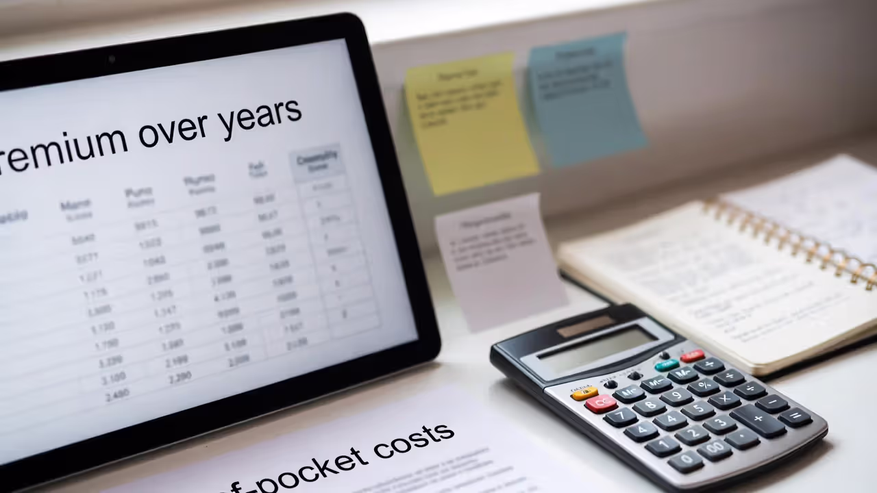 Blurred premium-over-time chart on a laptop next to out-of-pocket cost notes and a calculator