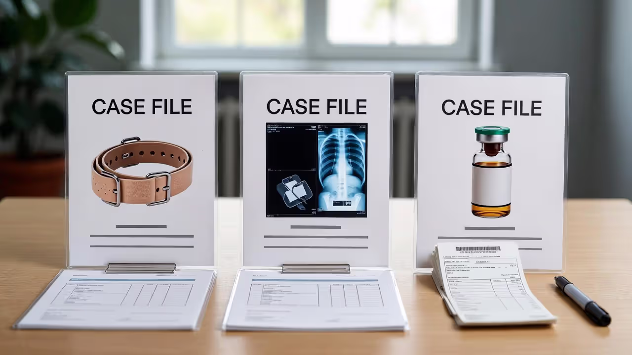 Three accident scenario documents with blurred receipts, a bandage, a blurred X-ray, and medication bottles