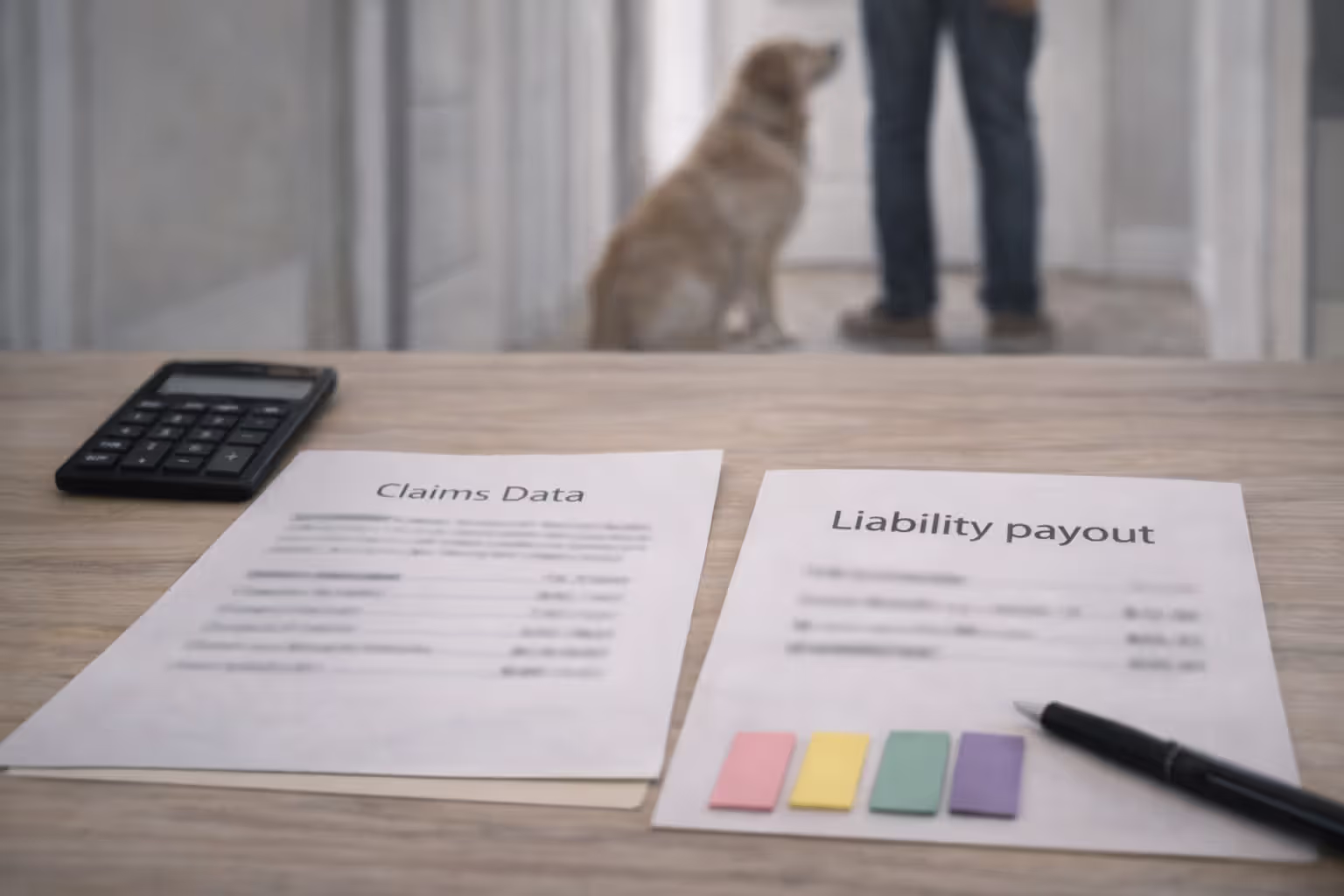 Blurred liability claims paperwork and calculator on a desk with a large dog in the background