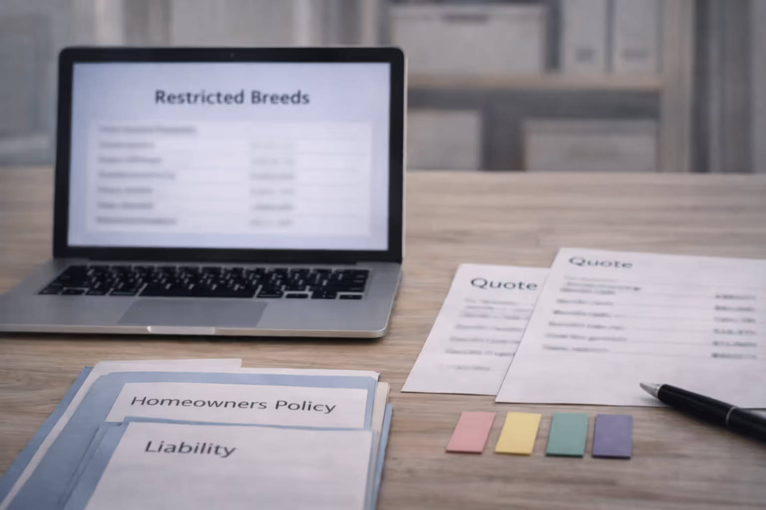 Laptop showing a blurred restricted-breeds list beside blurred insurance quotes and neutral agent cards