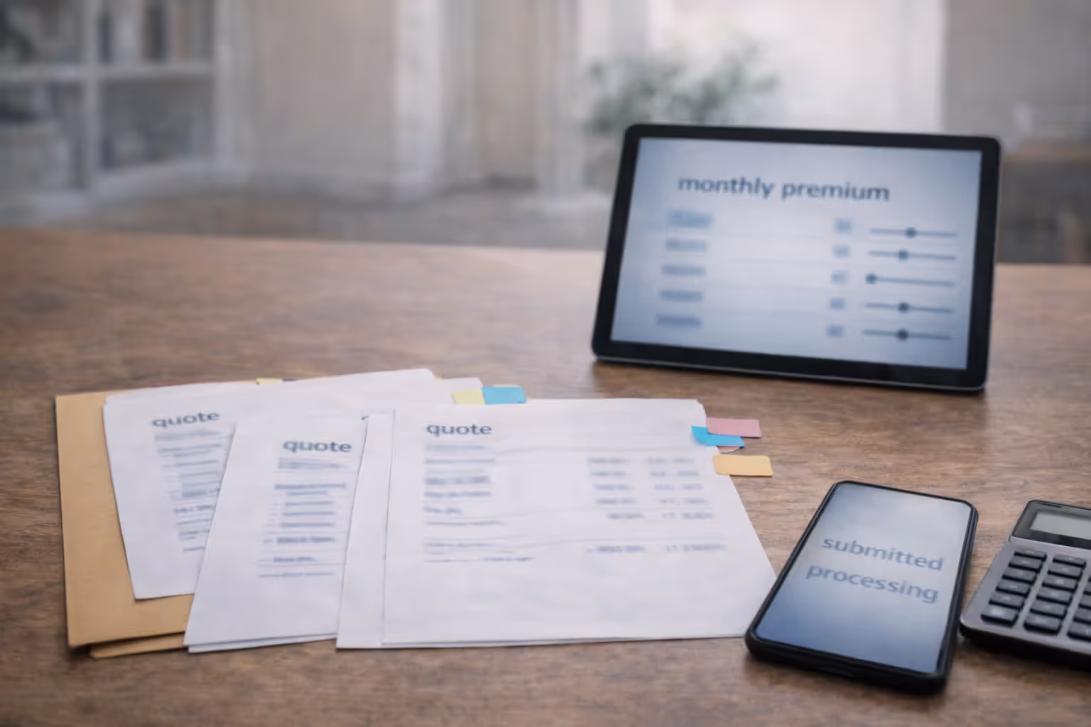 Blurred insurance quotes spread on a desk next to a calculator and a tablet with a blurred premium comparison