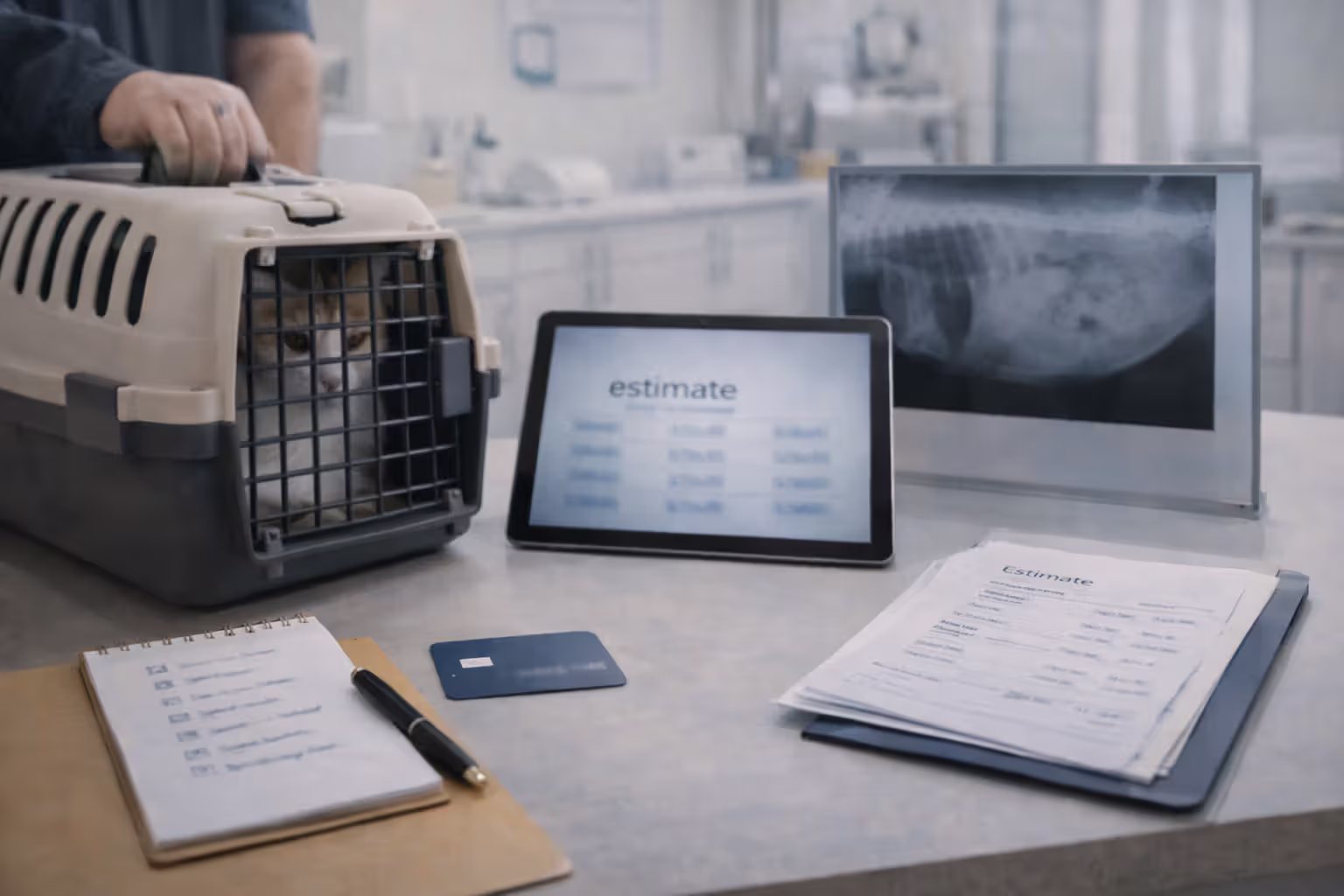 Vet clinic scene with a blurred treatment estimate, an X-ray display, and a cat carrier