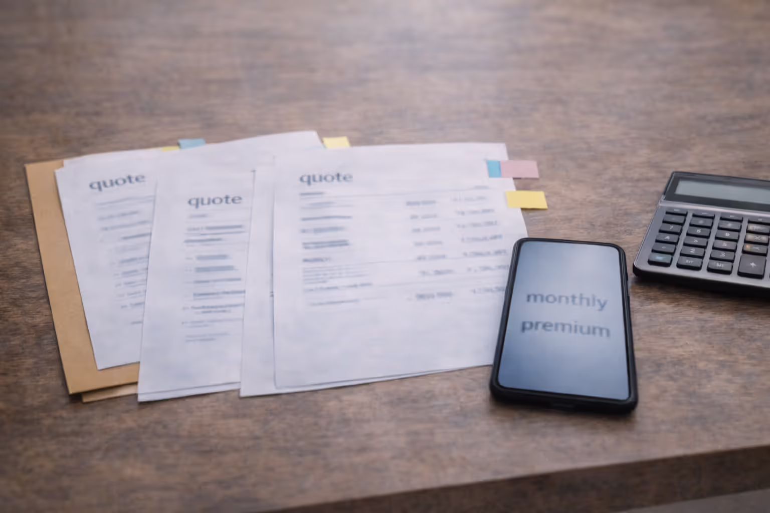 Blurred insurance quotes with sticky tabs beside a phone showing a blurred monthly premium list