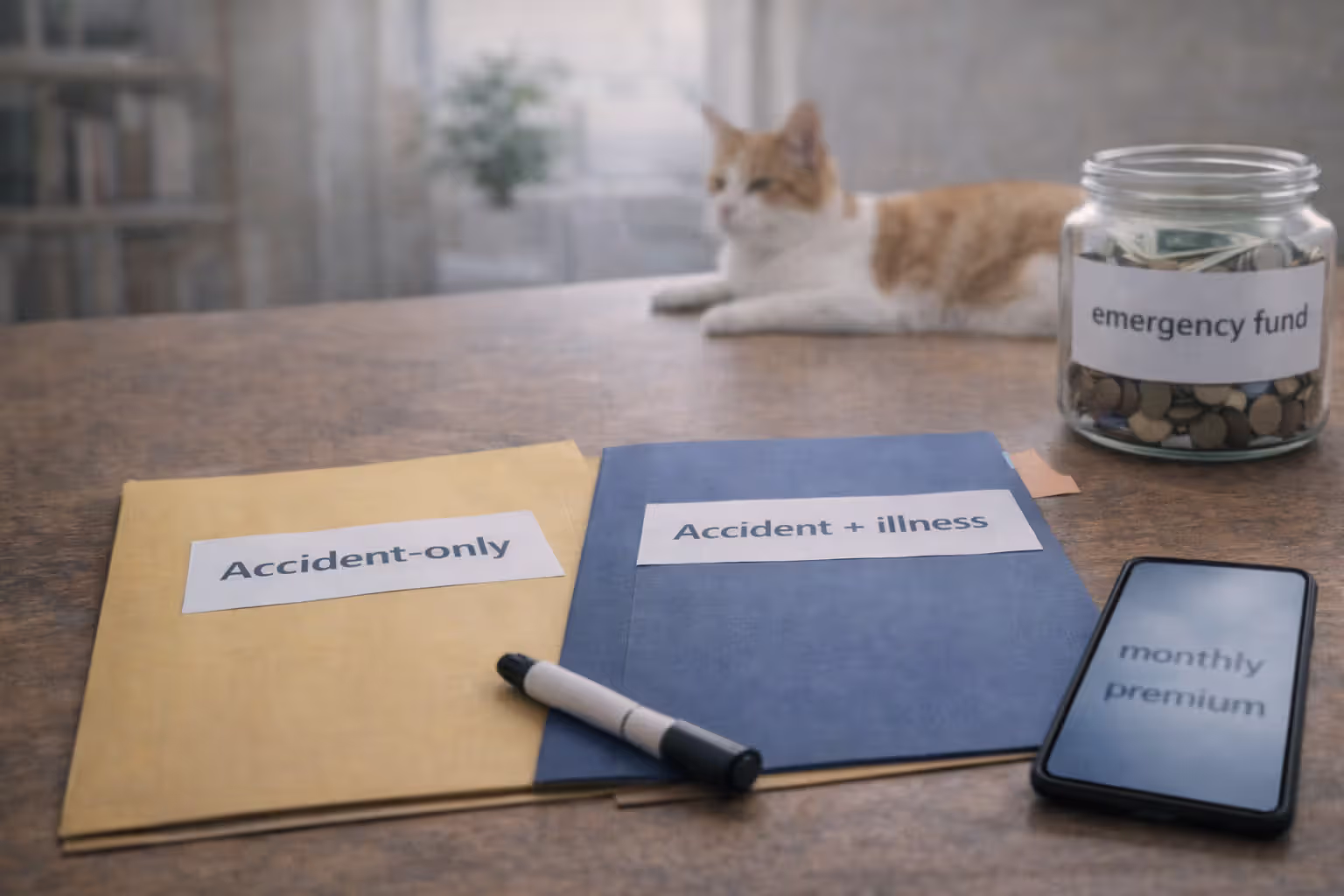 Two blurred policy folders and an emergency fund jar on a desk with an indoor cat nearby