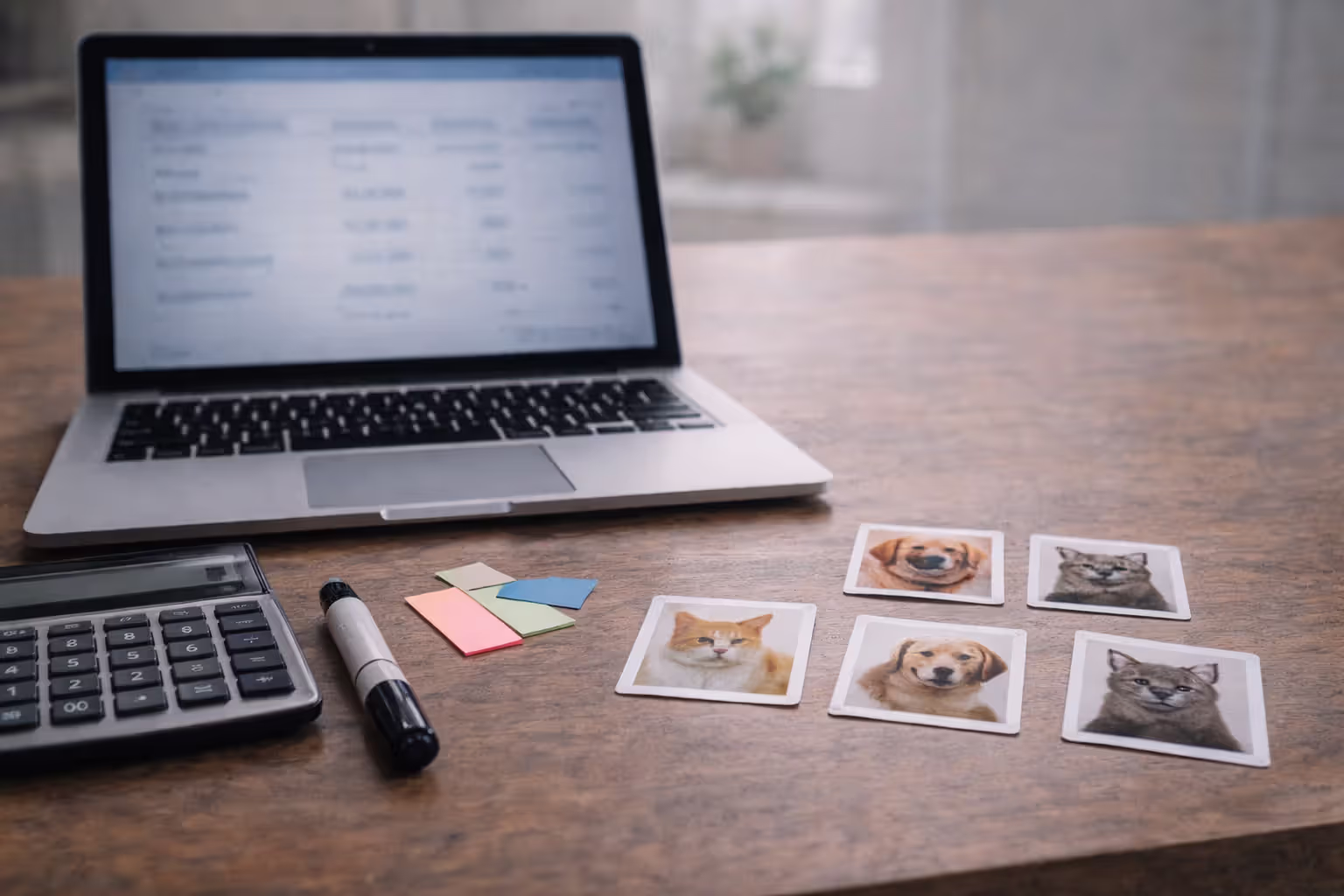 Laptop with a blurred savings calculation for multiple pets next to a calculator and pet icons