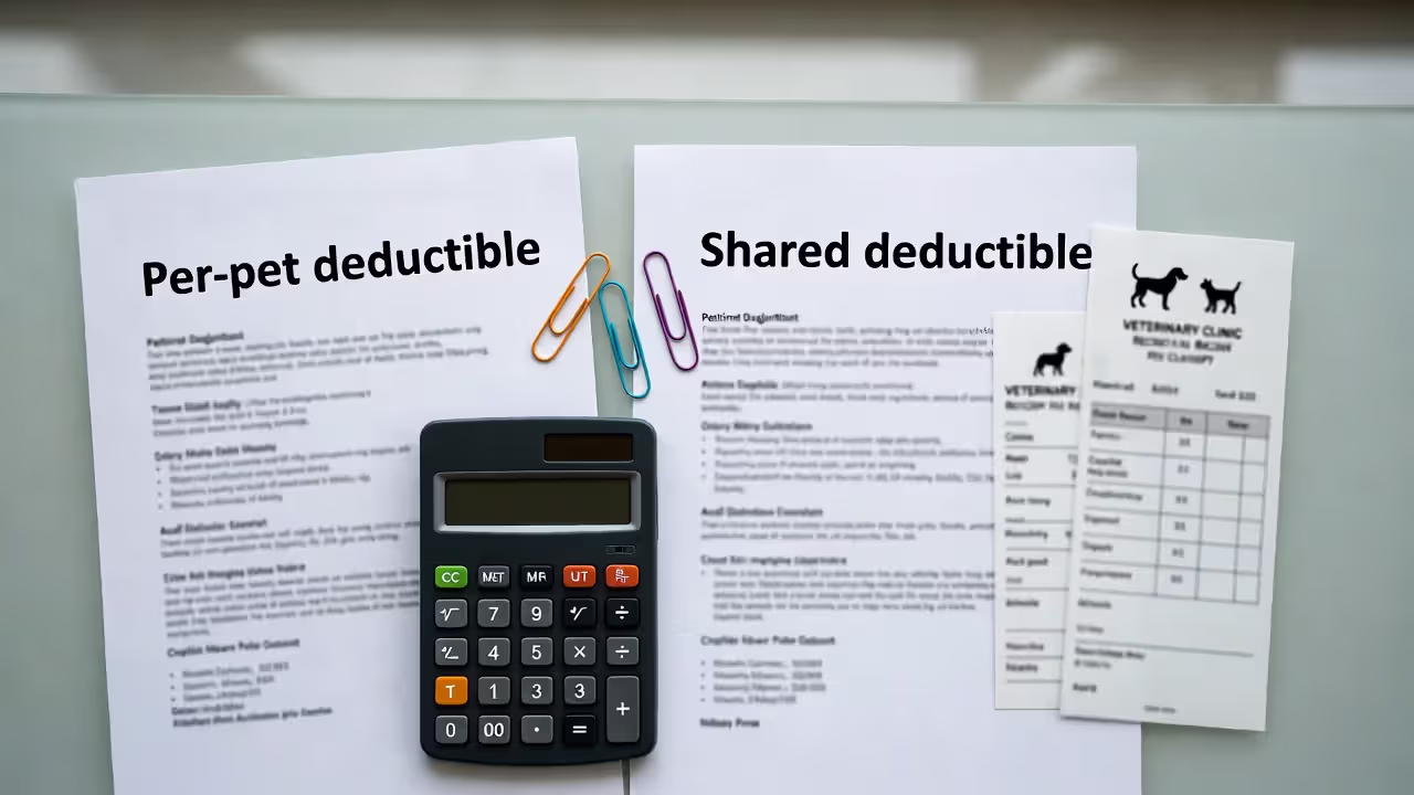 Blurred comparison of per-pet vs shared deductible with vet receipts and a calculator
