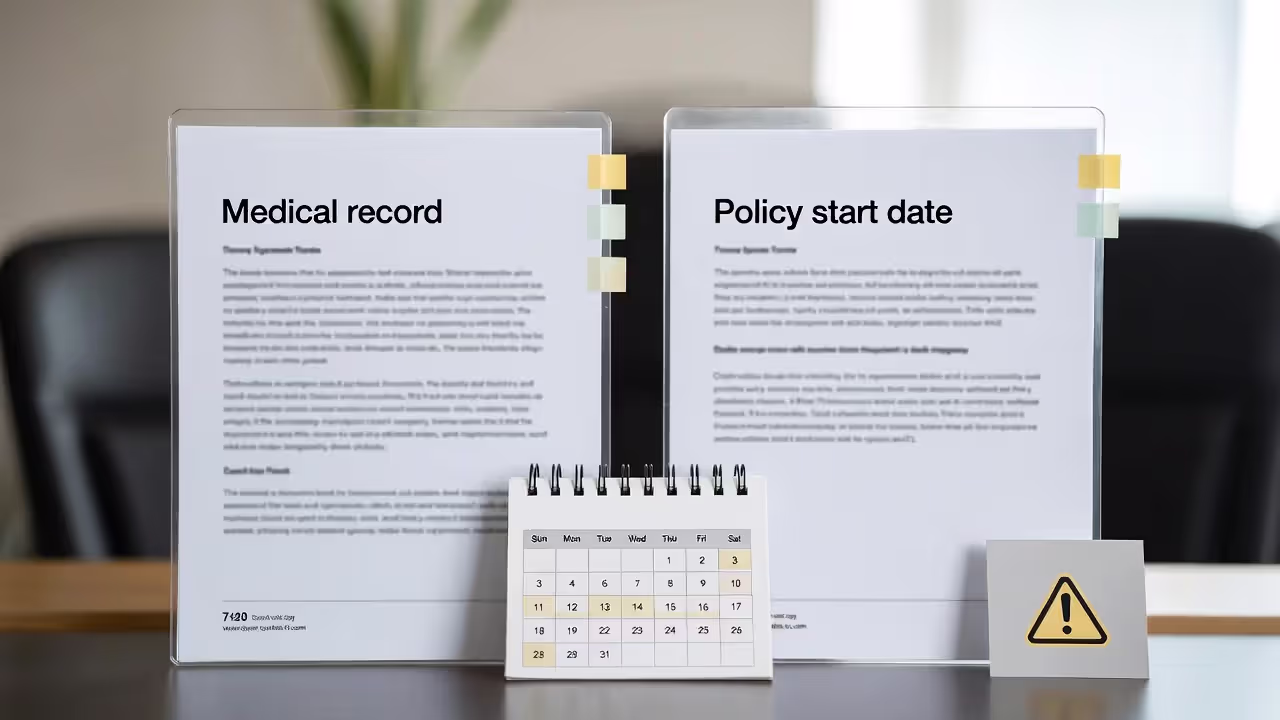 Blurred medical record and policy start date paperwork with a highlighted calendar on a desk