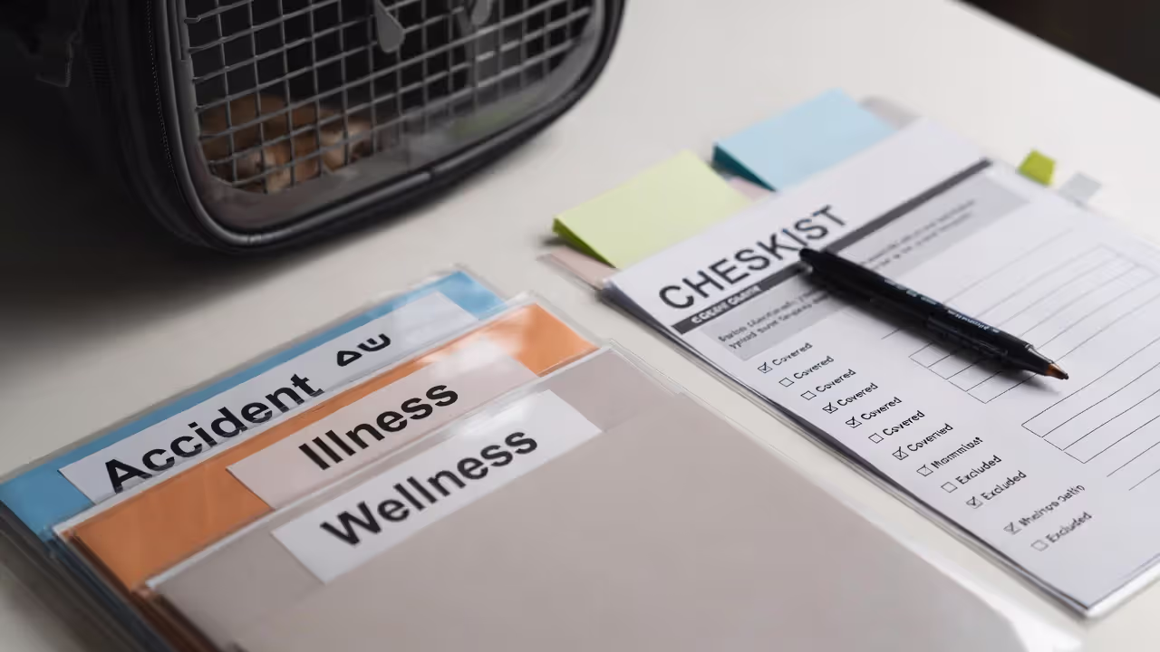 Blurred folders labeled accident, illness, and wellness beside a coverage checklist on a desk