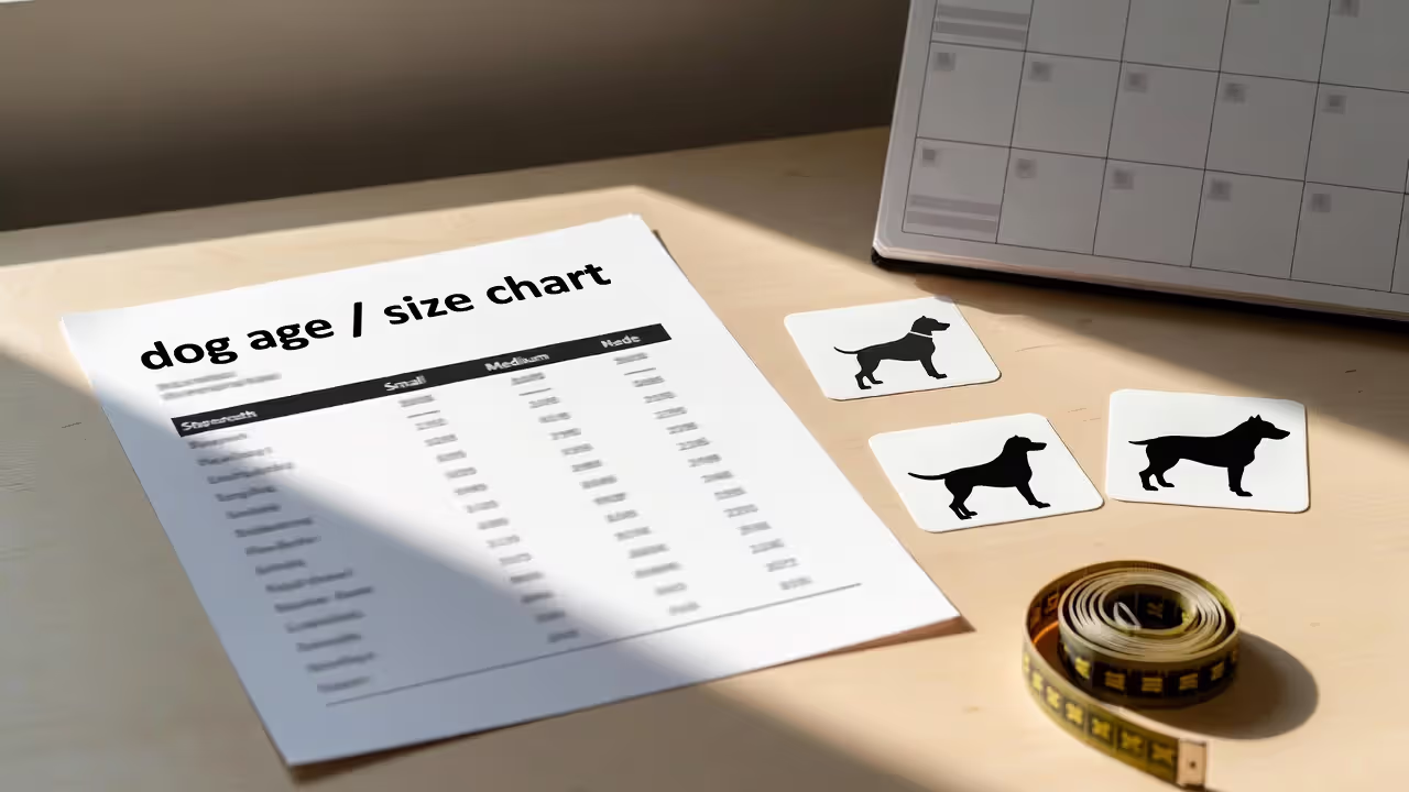 Blurred dog size and age chart with measurement tape and simple size icons