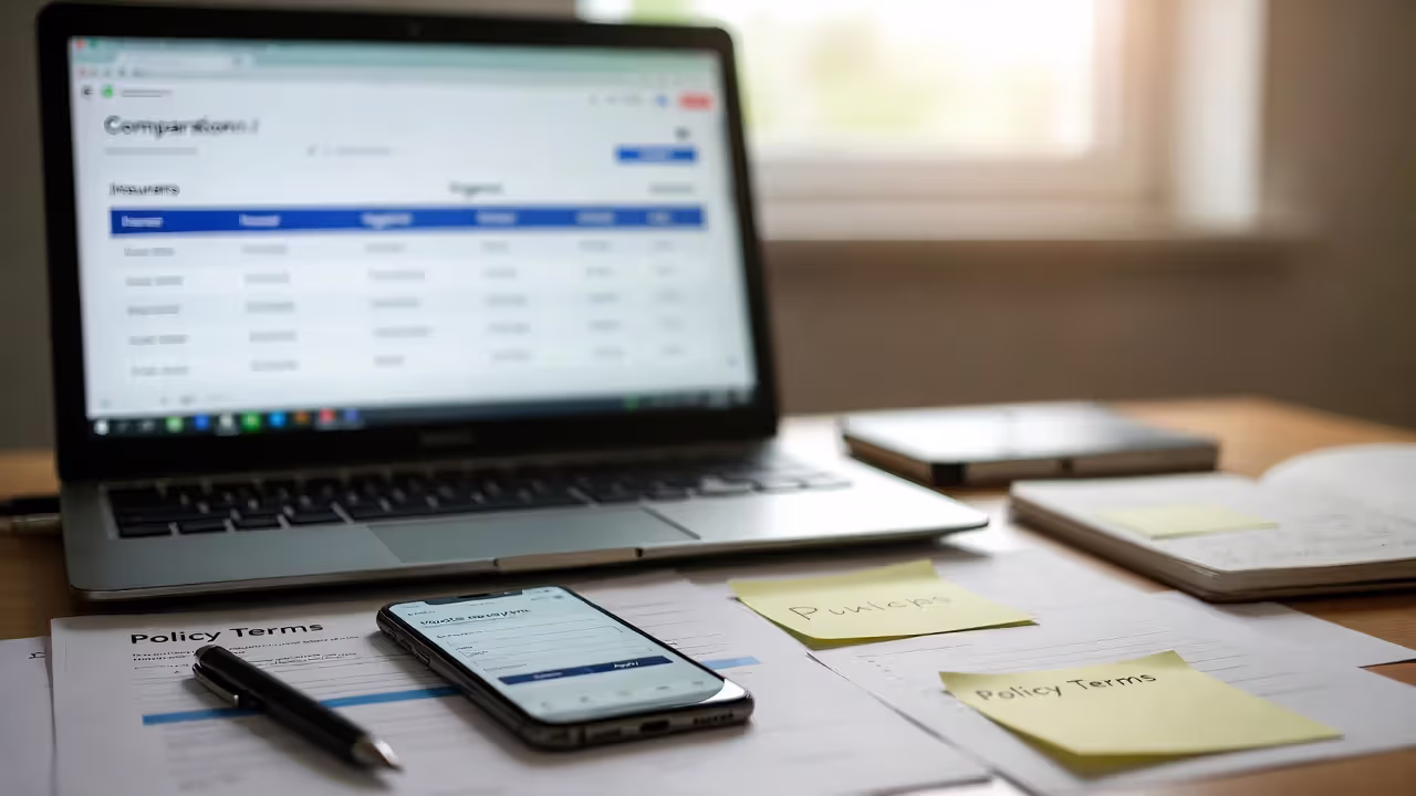 Laptop and phone showing blurred insurer eligibility comparison with policy printouts