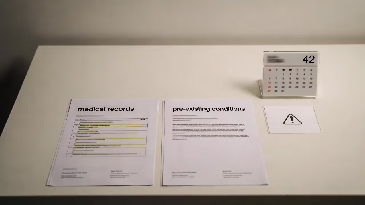 Blurred medical records and pre-existing conditions paperwork with a highlighted page and calendar