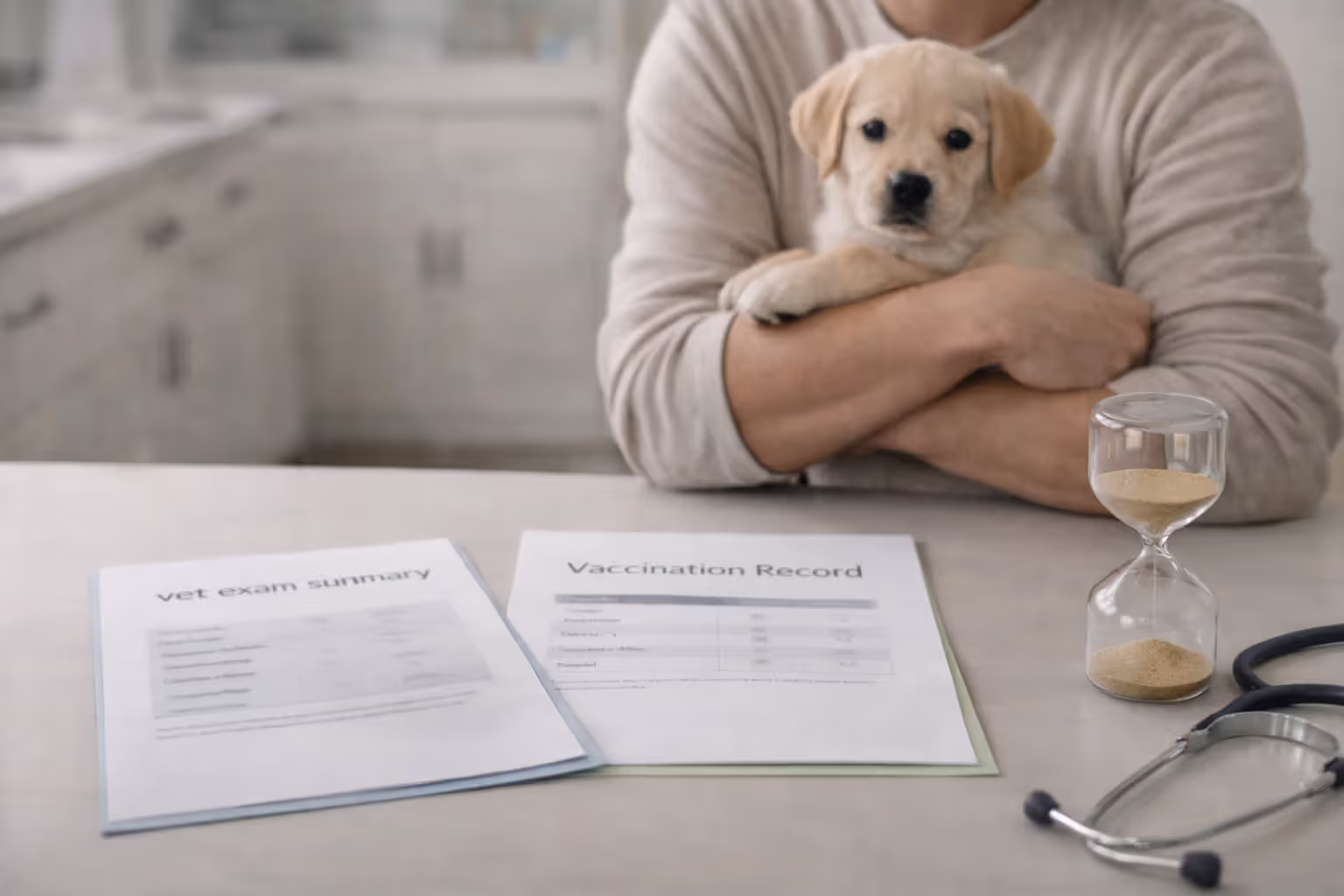 Puppy at a vet visit with blurred exam and vaccination records and a waiting-period timer prop