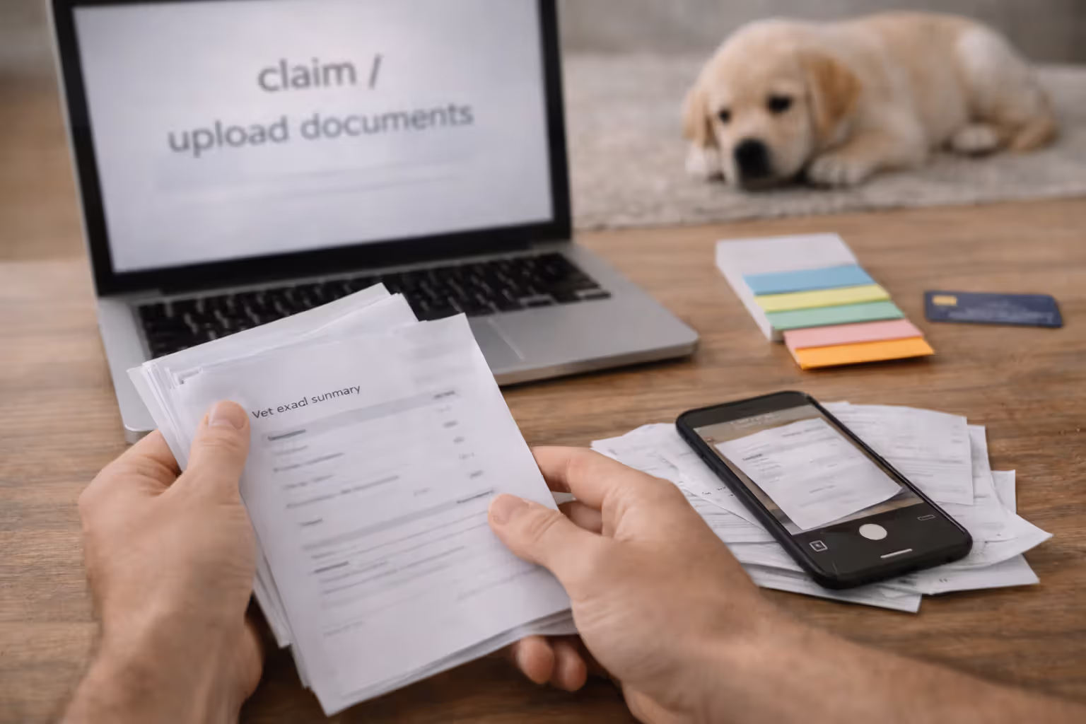 Uploading blurred vet receipts to a pet insurance portal with a puppy nearby