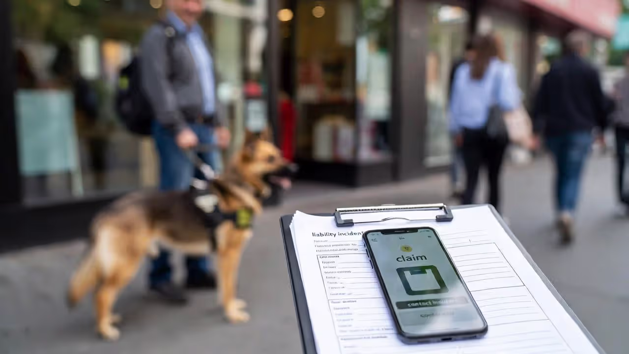 Service dog with handler in a public setting with a blurred incident report clipboard and phone